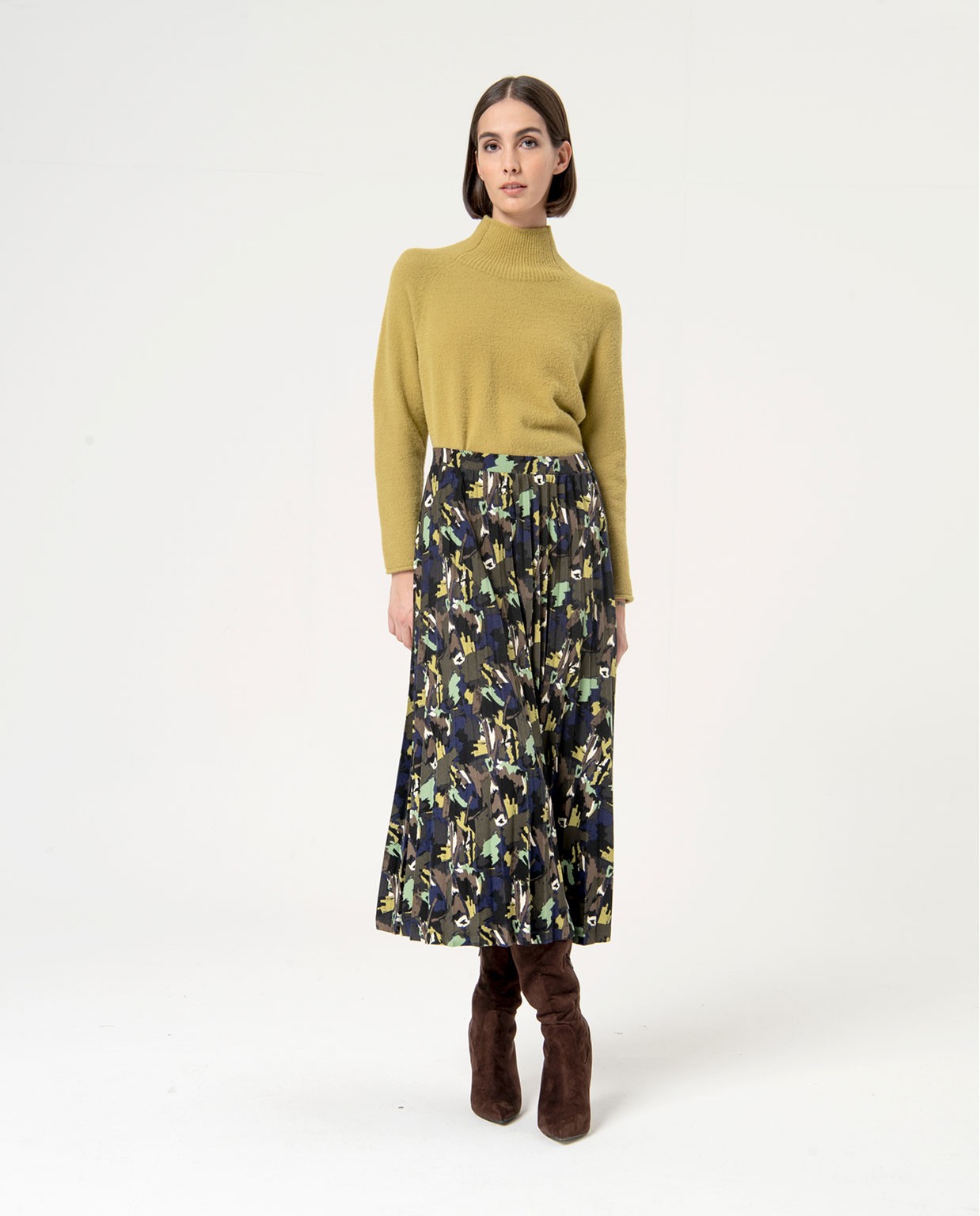 Printed pleated long skirt Green