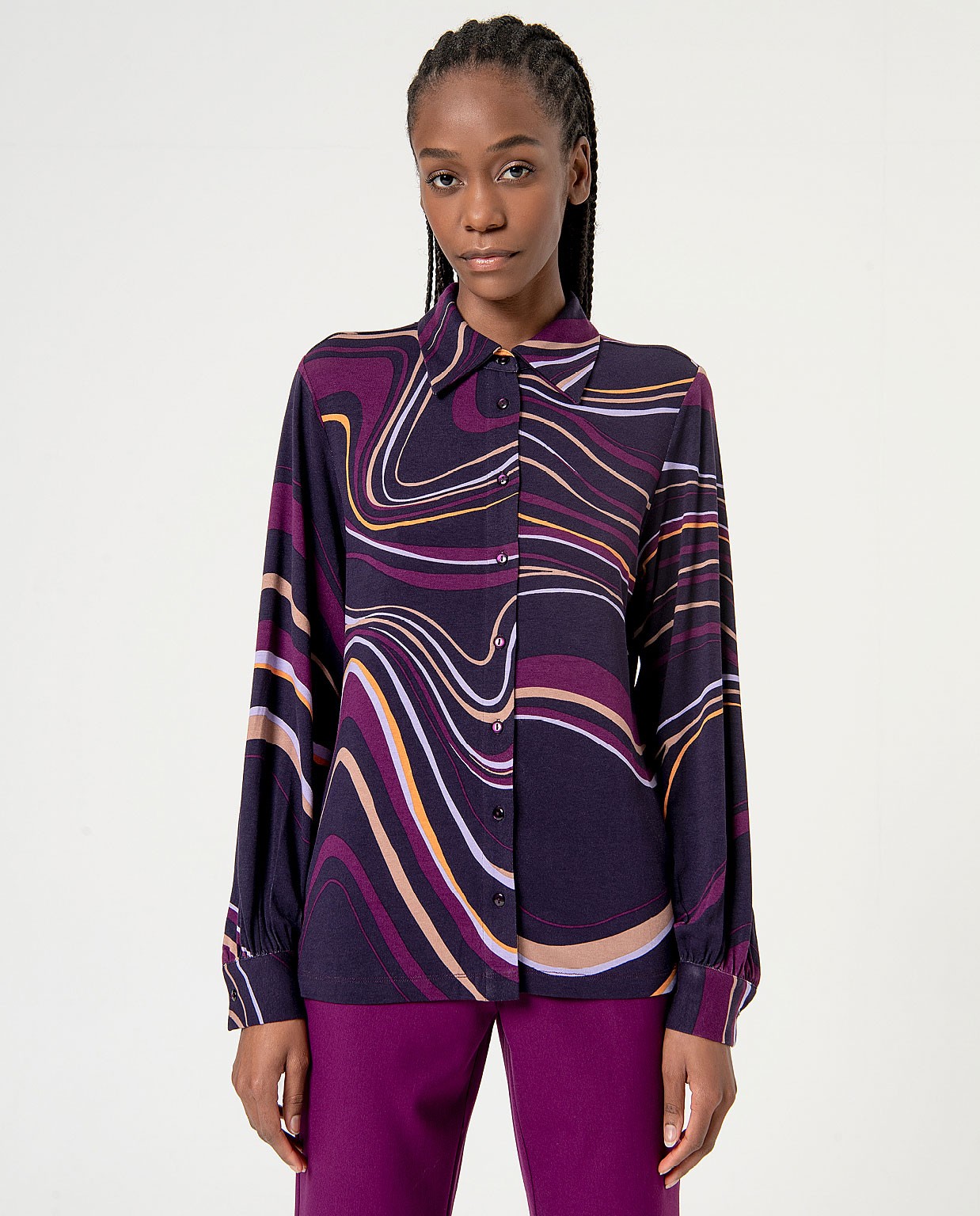 Printed Long Sleeve Stretch Shirt Purple