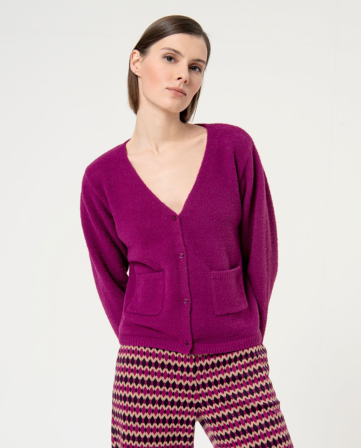 Short chunky knit cardigan Purple