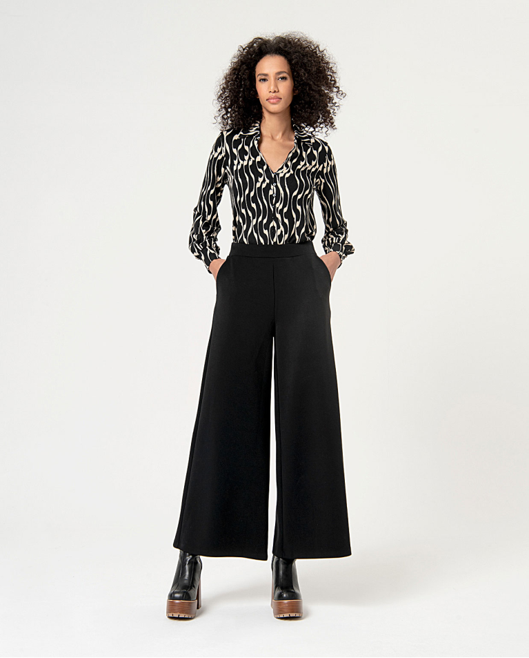 Plain elastic palazzo stretch pants Black