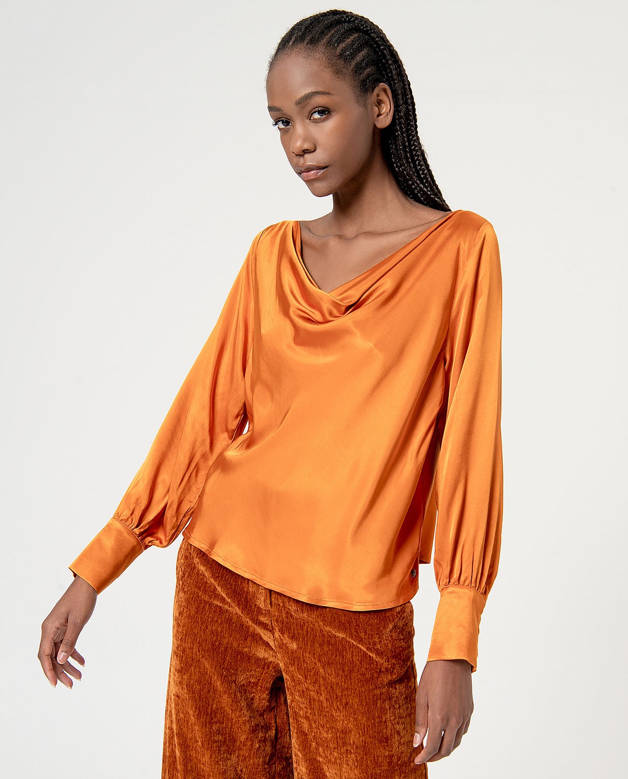 Plain satin blouse with draped neckline Orange