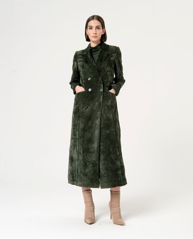 Smooth velvet long coat Green