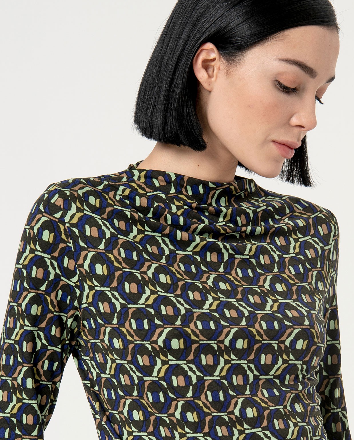 Stretch printed perkins collar elastic shirt Green