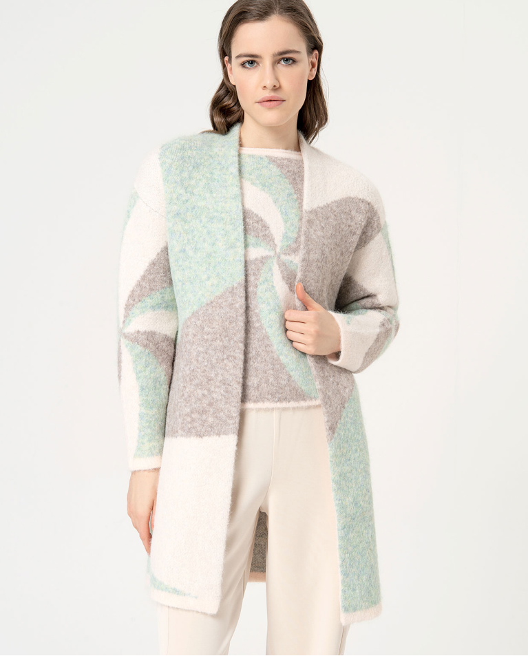 Long jacquard knitted cardigan Ecru