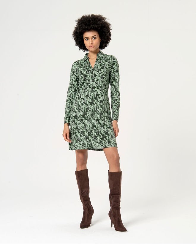 Printed elastic short dress. Khaki