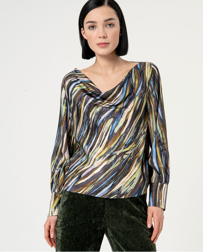 Printed satin and printed flowing blouse Green