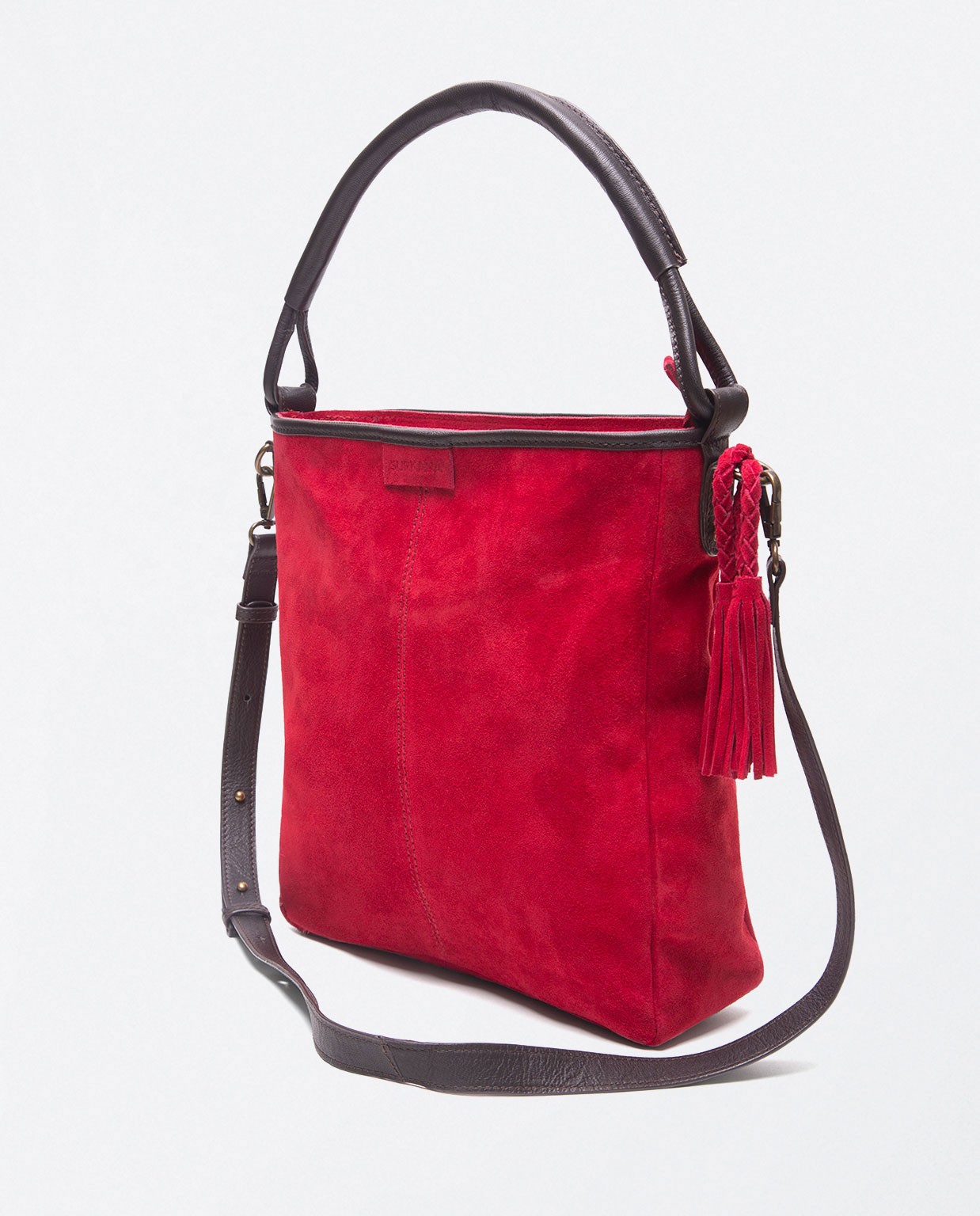 Bolso de cuero liso con asa corta de hombro  Rojo