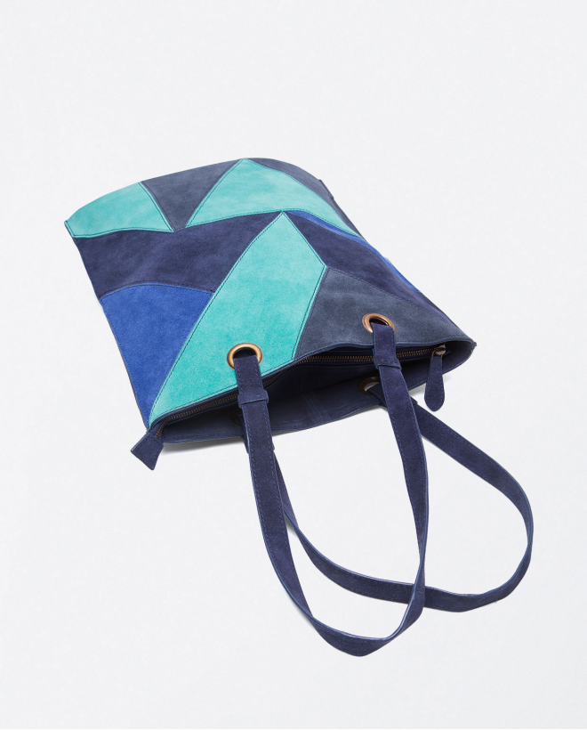 Bolso shopper plano de cuero estampado geométric Azul