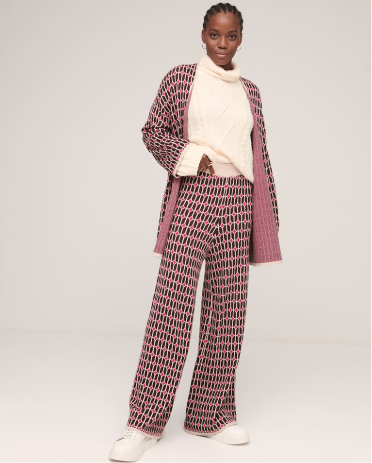 Pantalon largo de punto jacquard y pata ancha Fucsia