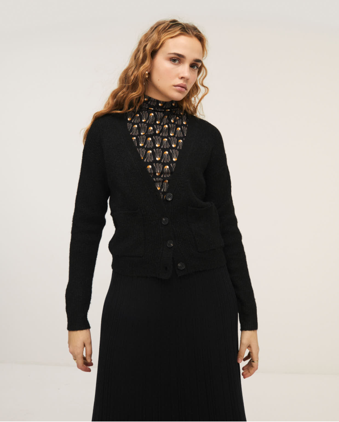 Cardigan de punto perlado cuello V y bolsillos Negro