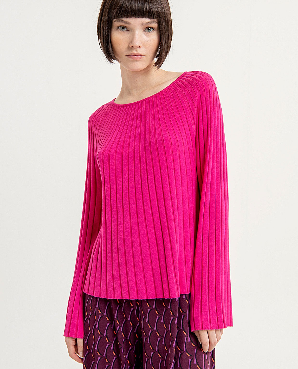 Jersey manga larga y cuello redondo liso Fucsia