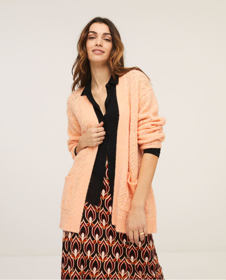 Cardigan de punto trenzado con bolsillos Naranja