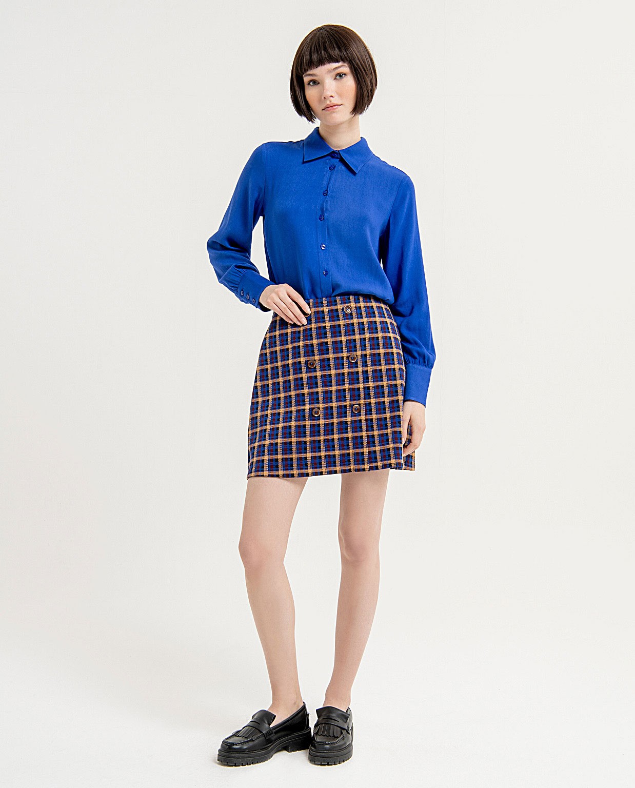 Falda mini con doble botonadura estampada Azul