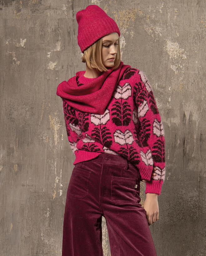 Jersey Jacquard cuello redondo estampado Fucsia