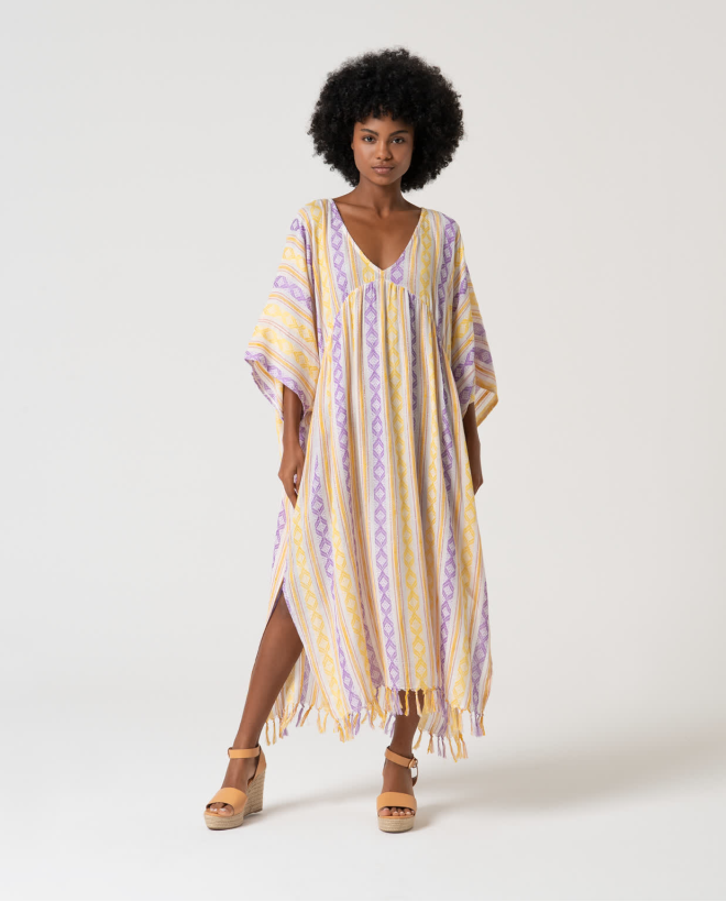 Kaftan longo fechado com tecido listrado Amarelo