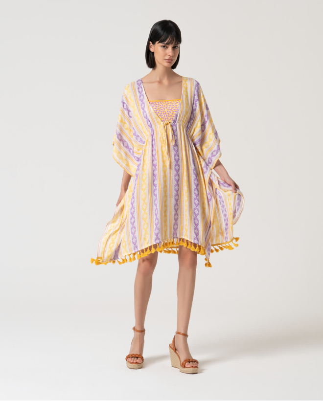 Kaftan curto aberto com tecido listrado Amarelo