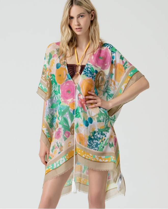 Kaftan estampado longo aberto Camel