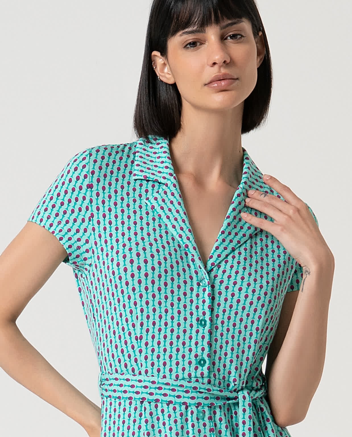 Printed stretch shirt dress Aqua green