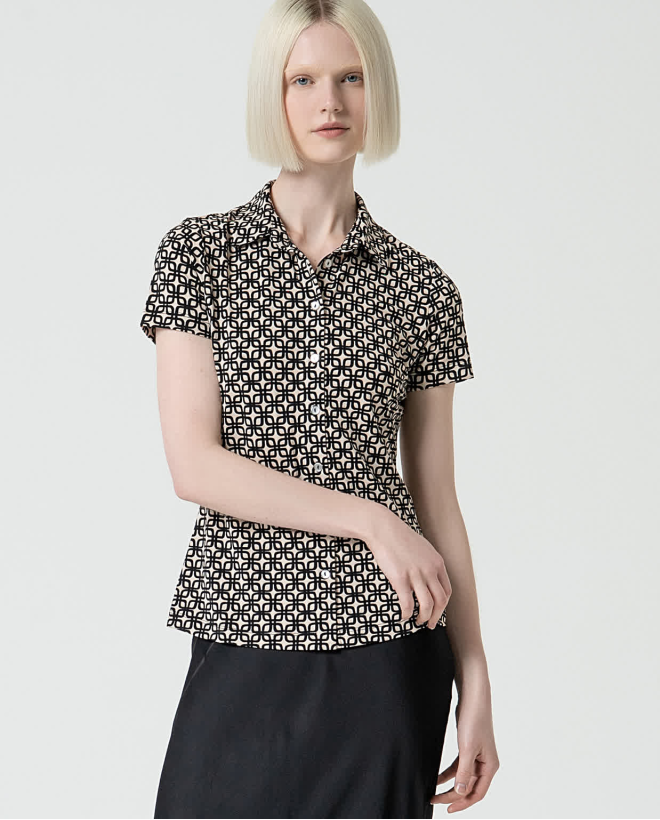 Printed short-sleeved stretch shirt Black