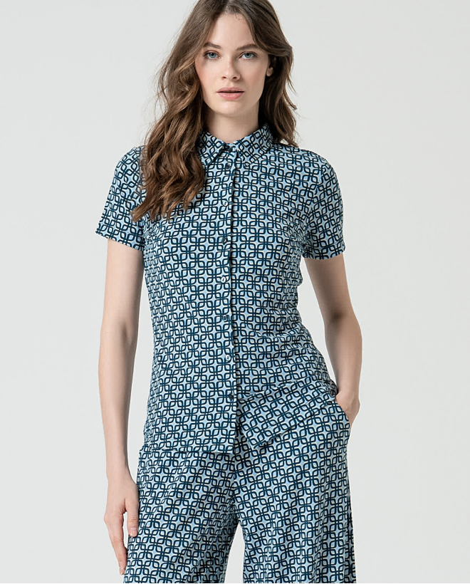 Camisa elástica manga corta estampada Azul