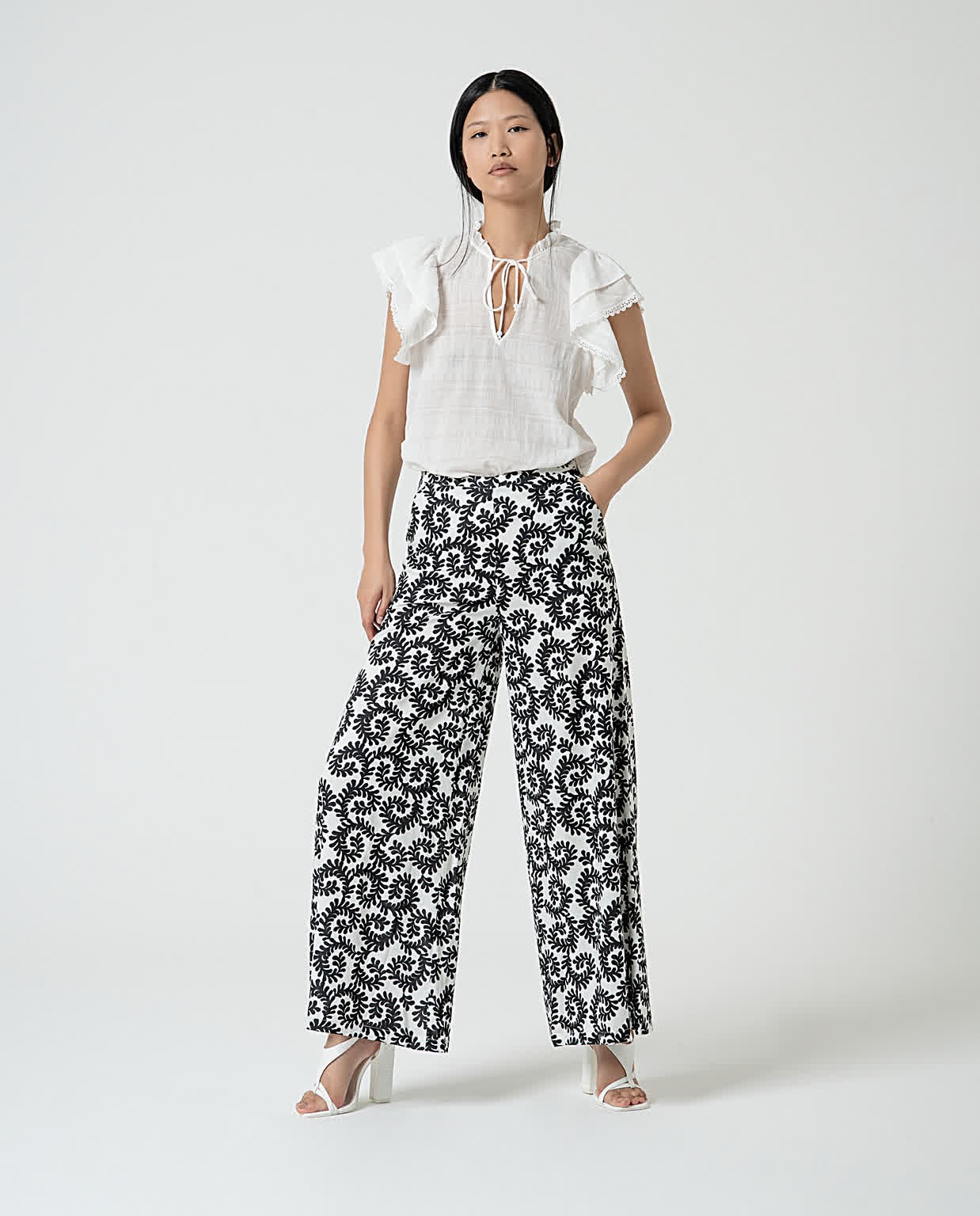 Printed wide-leg PANTS White