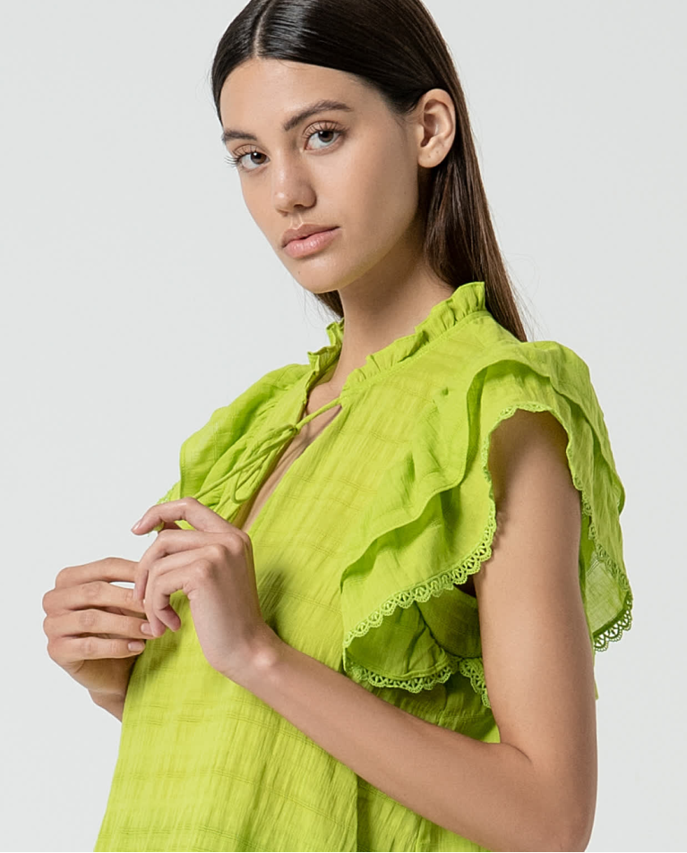 Plain romantic blouse with ruffles Acid green