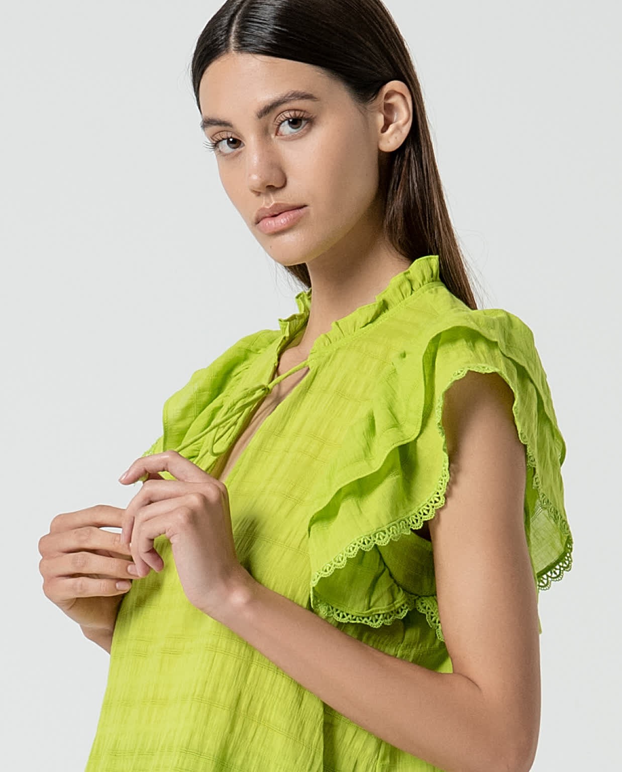 Plain romantic blouse with ruffles Acid green