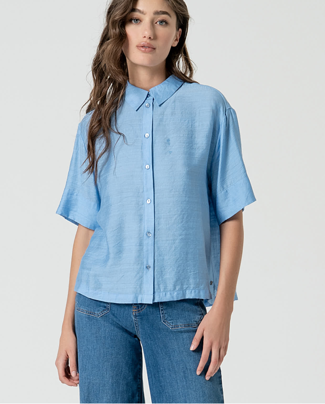 Camisa corta satinada lisa Azul celeste