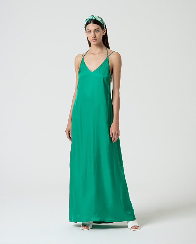 Long plain satin flowy dress Billiard green