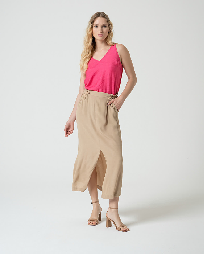 Adjustable midi skirt in plain viscose crepe Safari