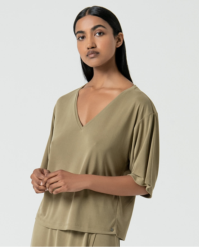 Plain loose-fitting stretch tee Khaki