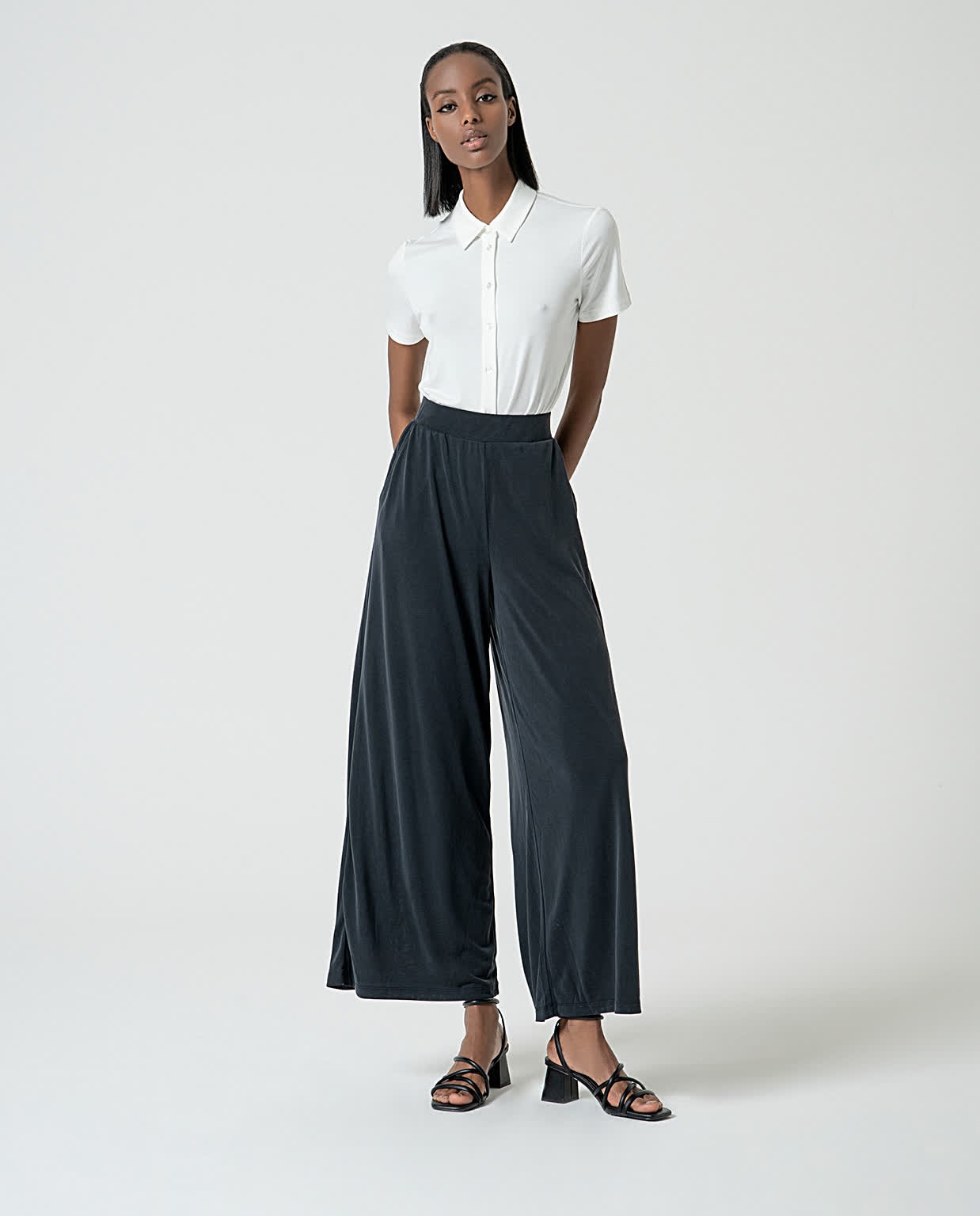 Pantalón largo wide leg elástico Negro