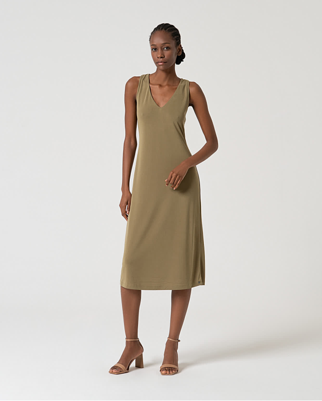 Plain stretch midi dress Khaki