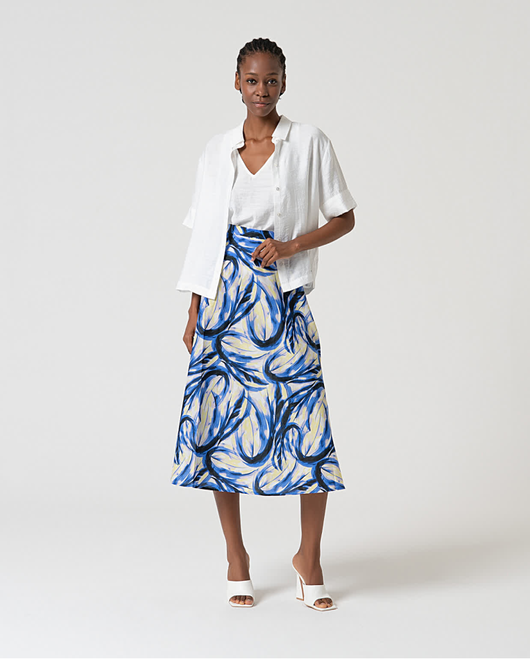 Falda midi algodón estampado Azul