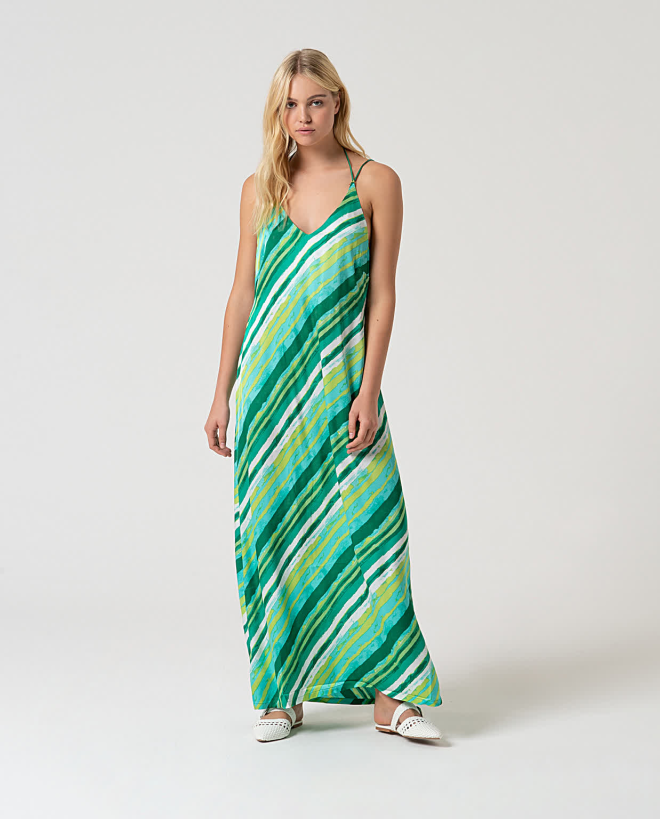 Long satin printed dress Green