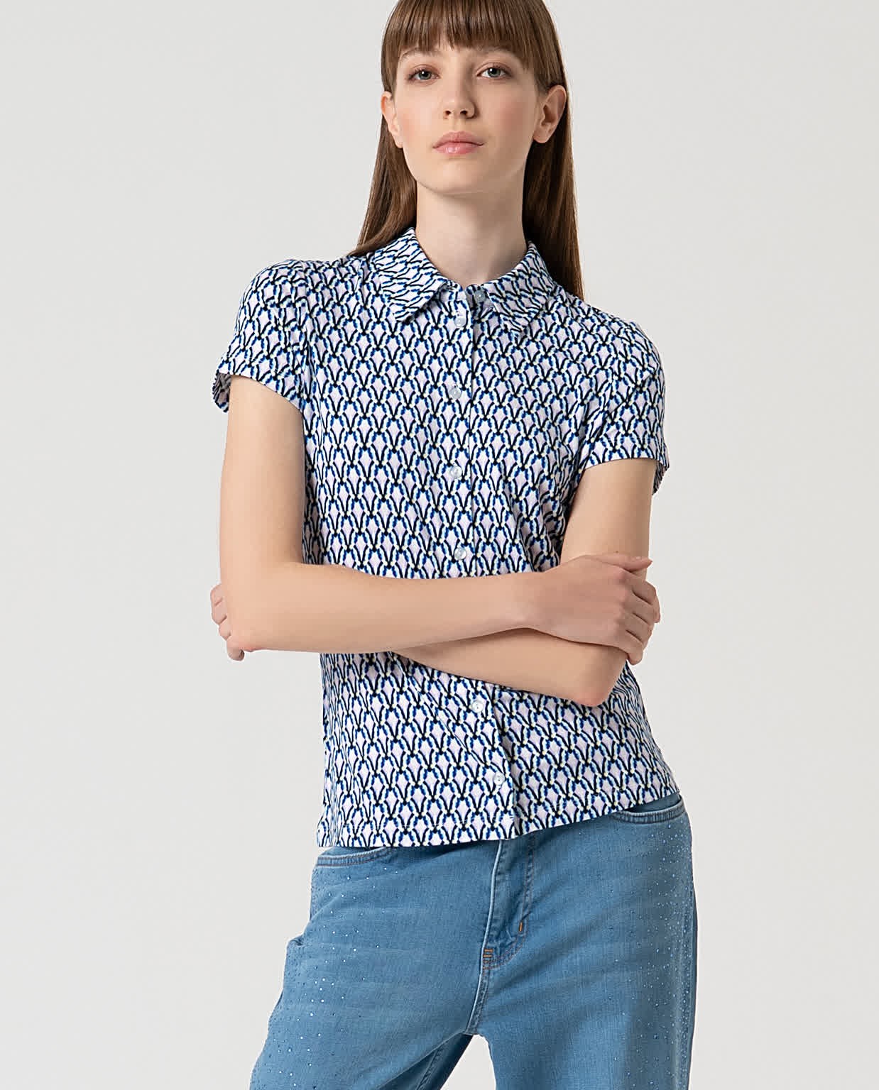 Camisa elástica manga corta estampada Azul