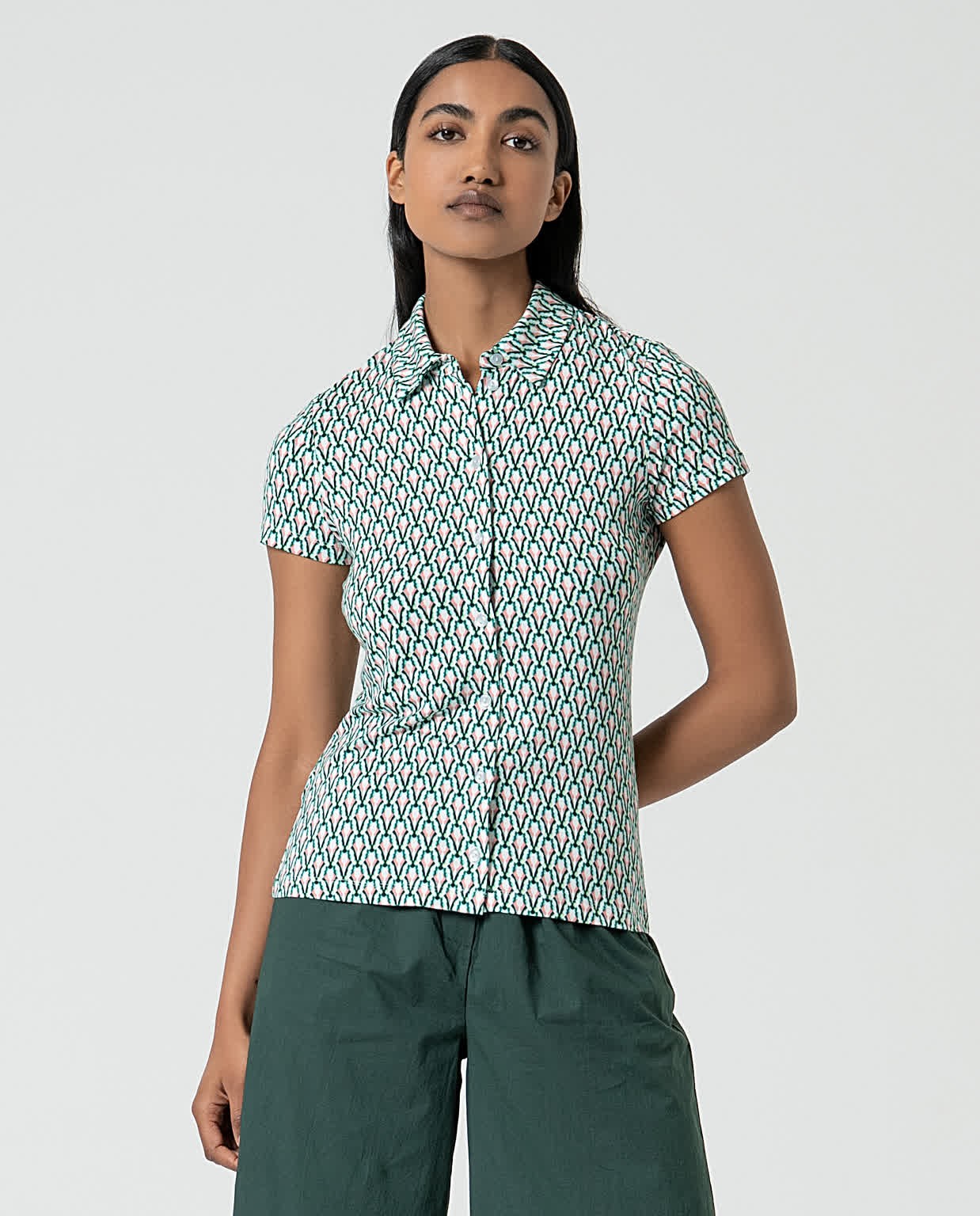 Camisa elástica manga corta estampada Verde