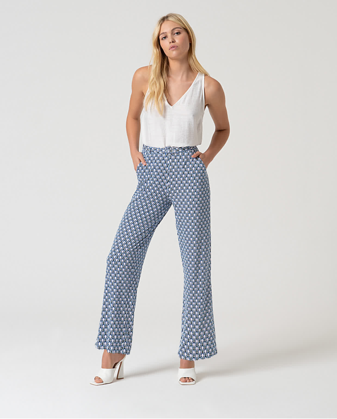 Printed stretch straight-cut PANTS Blue