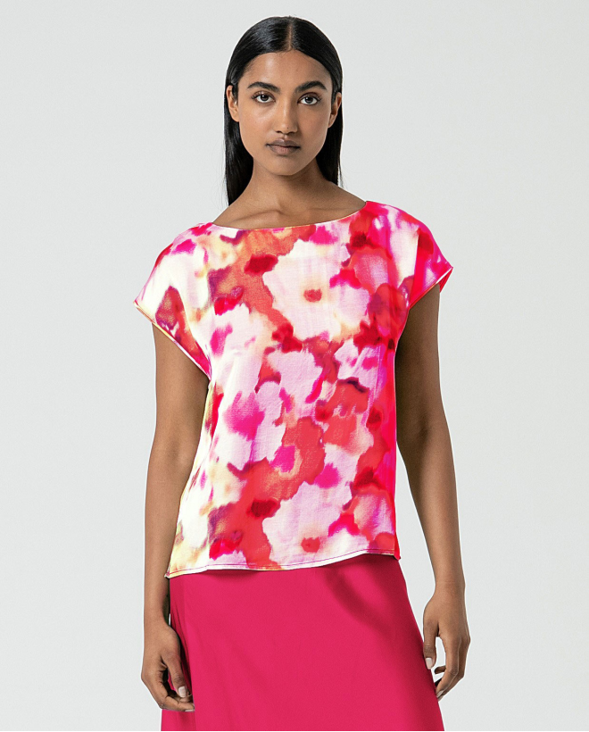 Satin tee with printed boat collar Fuchsia