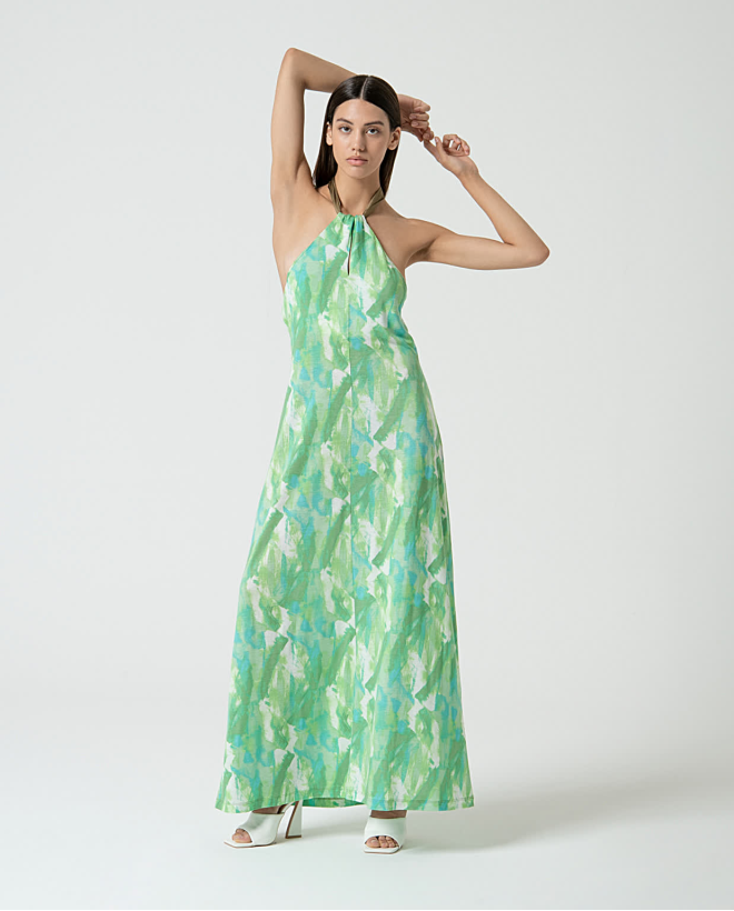 Vestido longo gola halter cruzada Verde