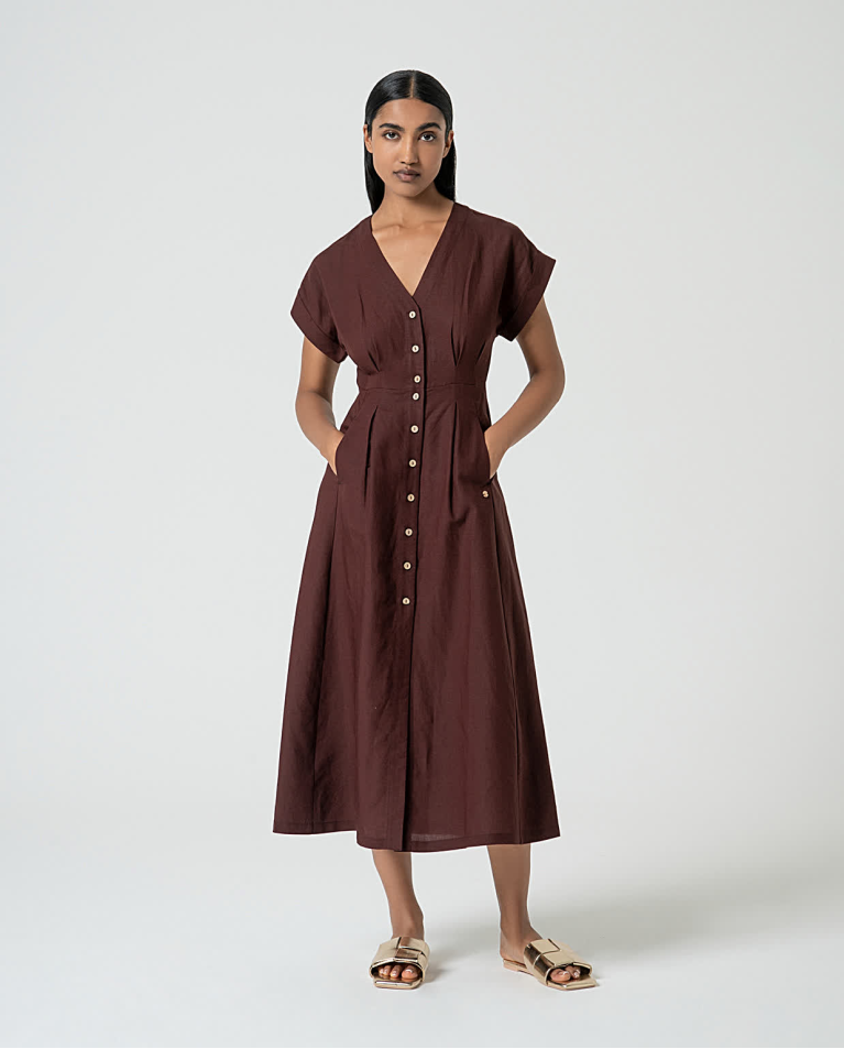 Vestido chemise longo midi Castanho