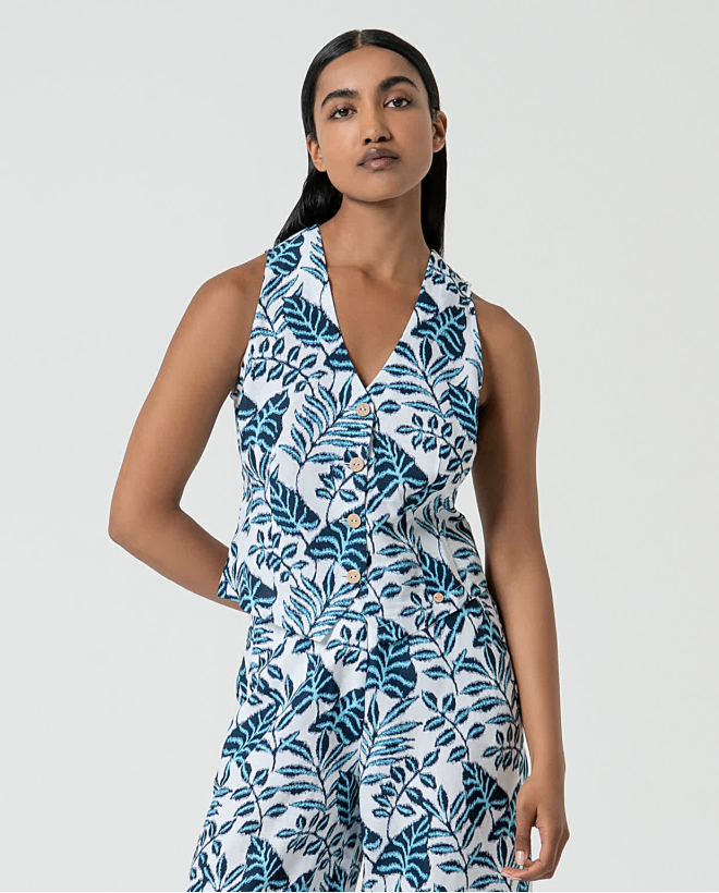 Printed linen vest Blue