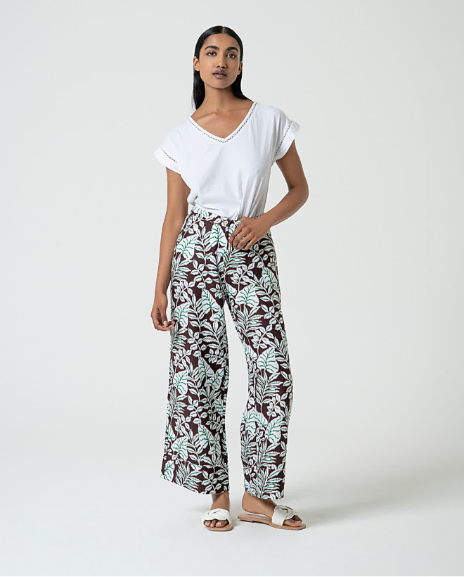 Printed linen wide-leg PANTS Brown