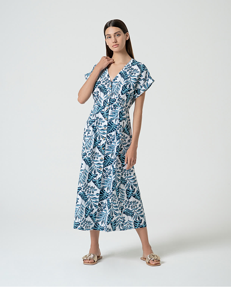 Vestido camisero de lino estampado Azul