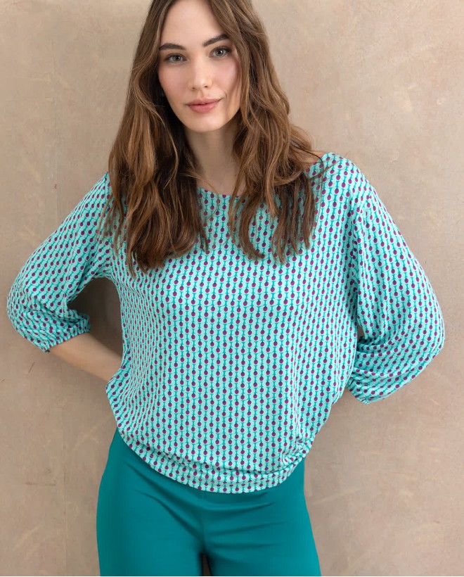 Printed loose-fitting stretchy tee Aqua green