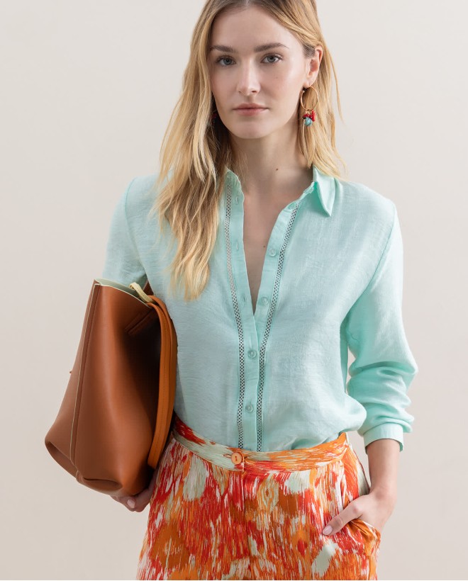 Shirt with plain eyelet embroidery Aqua green