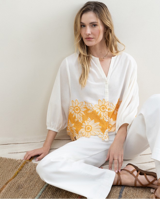 Oversized cotton blouse with embroidery Beige