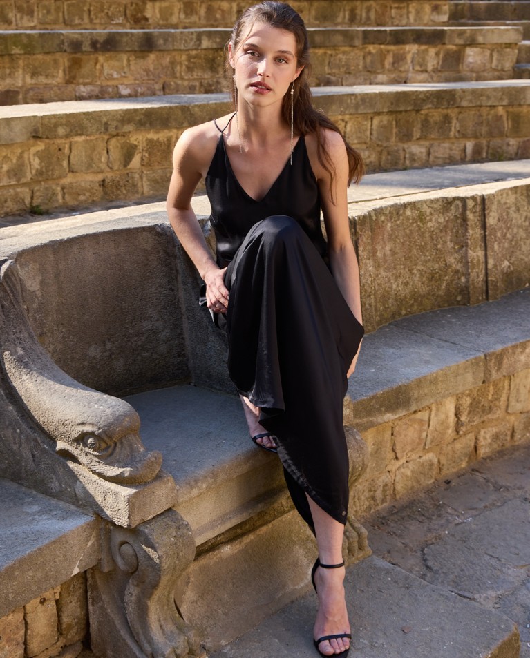 Vestido de alças finas decote em V Preto