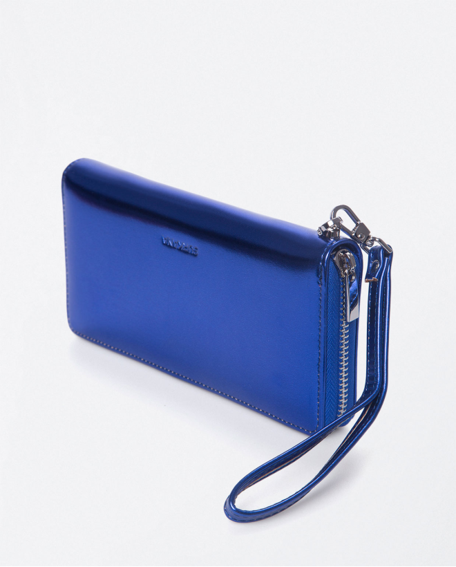 Cartera larga con cremallera. Metalizada Azul