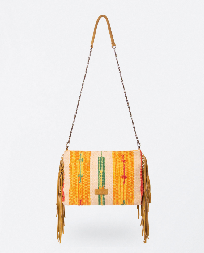 Bandolera pequeña con flecos. Estampado Mostaza